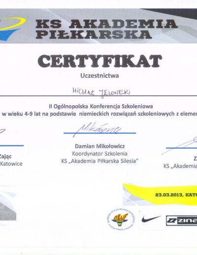 Certyfikat Akademia Piłkarska Silesia 2013